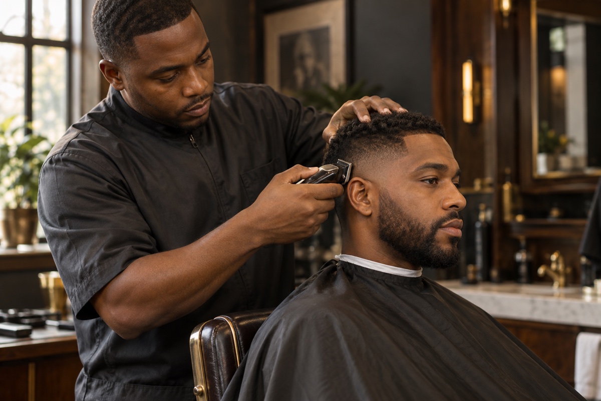 Illustration of a Black barber shaping a client’s fade.