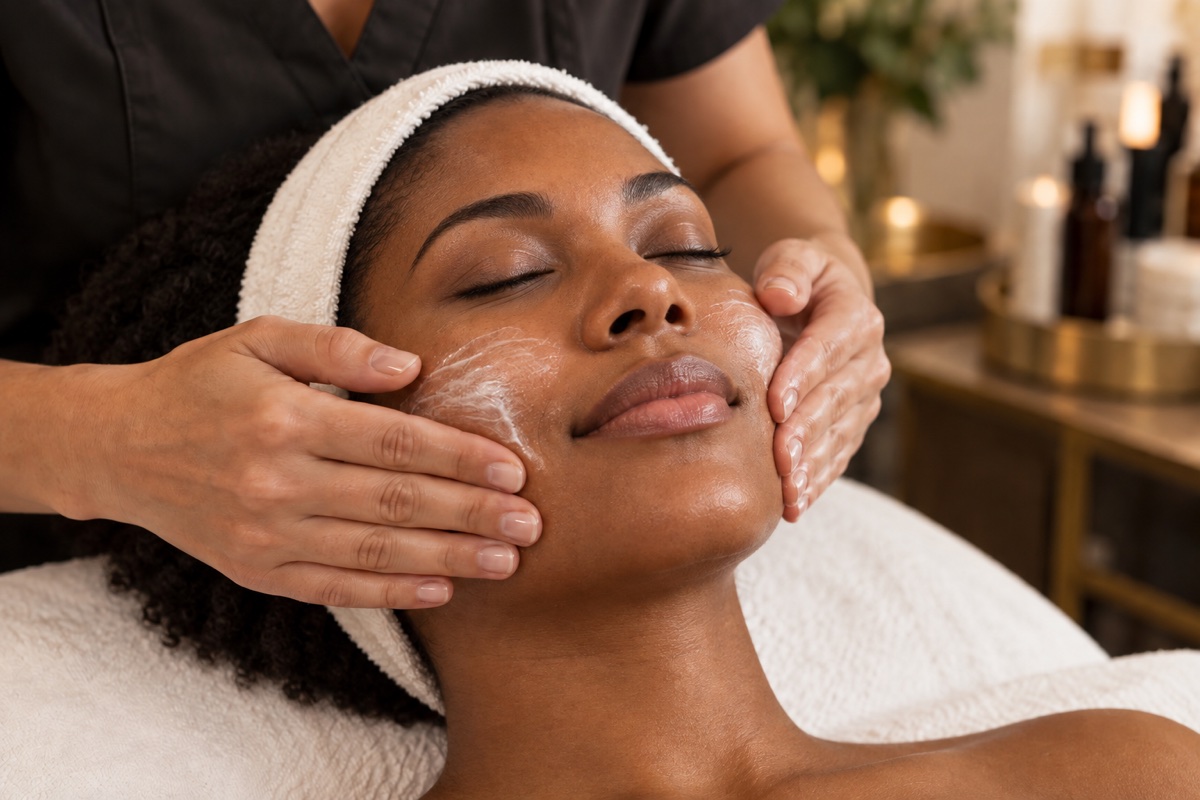 Illustration of a Black woman receiving a professional facial massage.