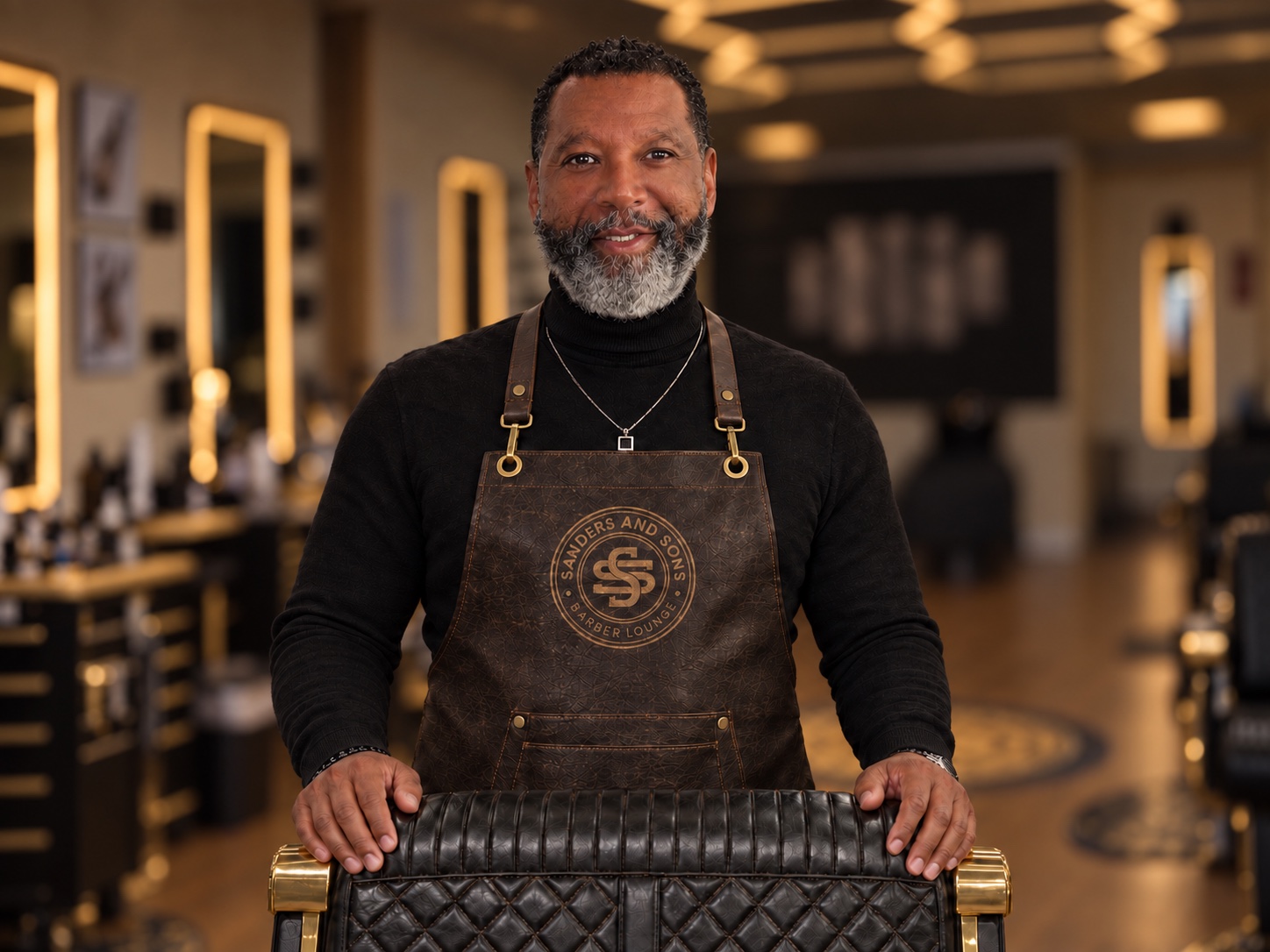Gary Sanders in a black turtleneck and branded brown apron, standing behind a barber chair.
